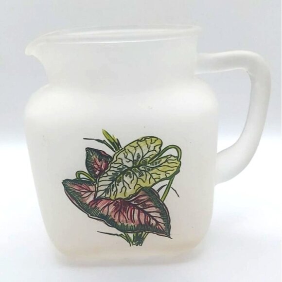 Vintage Mid-Century Caladium Frosted Glass Juice Pitcher & Four Cups 5-Piece Set - Picture 4 of 13